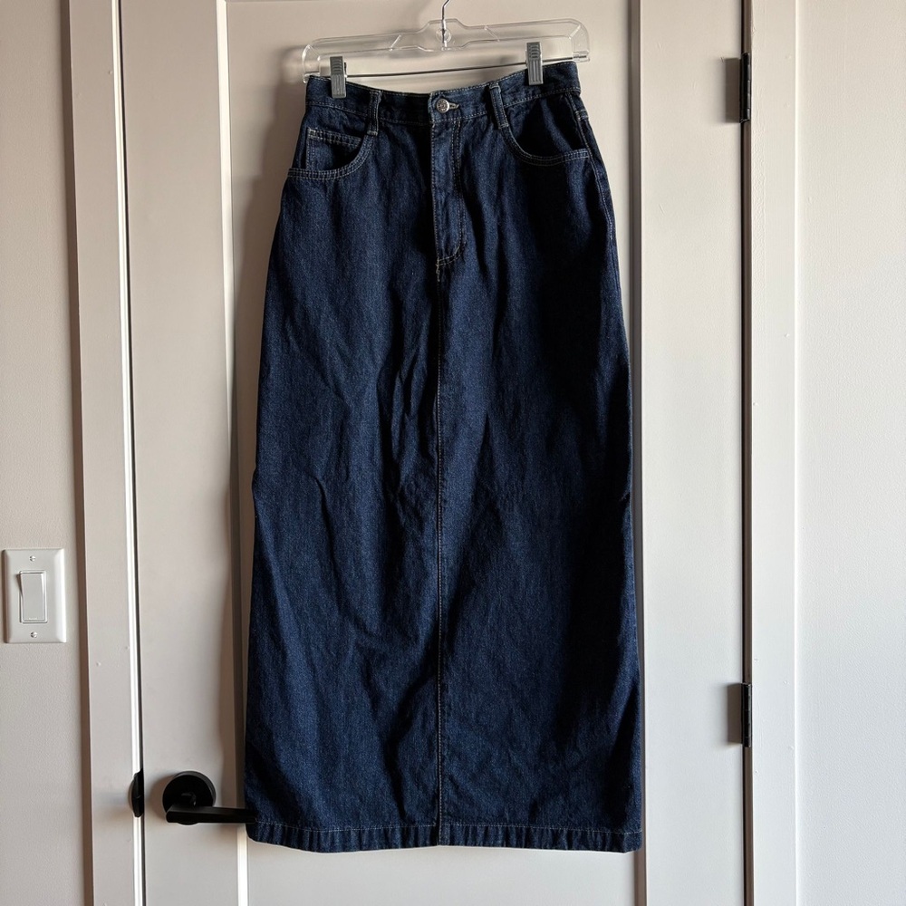 Dark Wash Denim Jeans Maxi Skirt w/ Slit Grunge Minimalist Y2K 90s